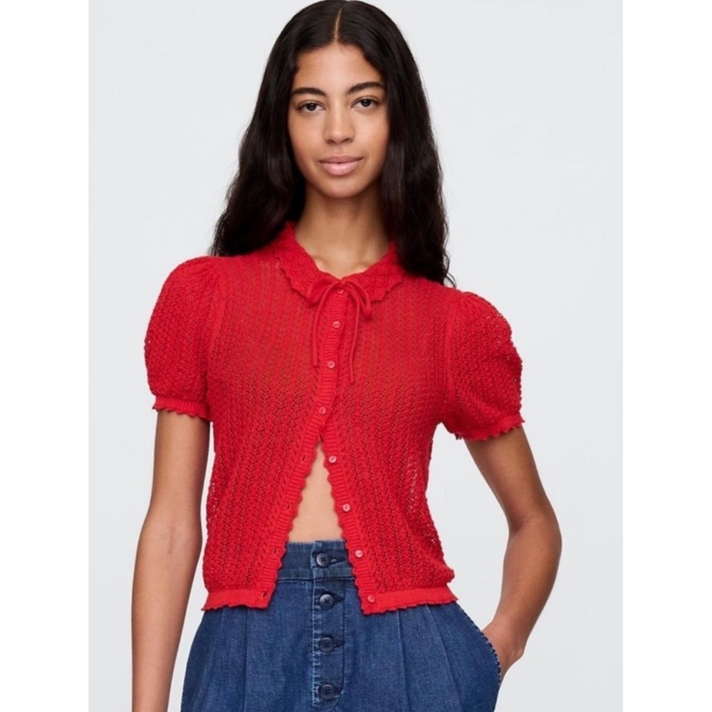 Gap Doen Red Open Knit Cardigan Blouse Linen Blend Cottagecore XL
